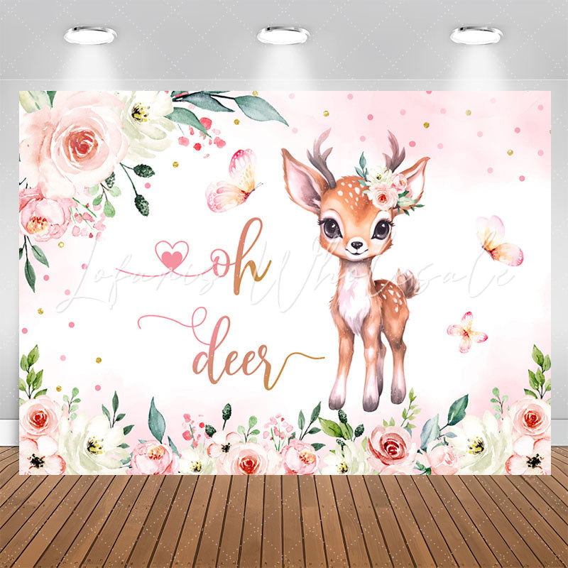 Lofaris Oh Deer Pink Floral Butterfly Baby Shower Backdrop