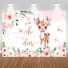 Lofaris Oh Deer Pink Floral Butterfly Baby Shower Backdrop