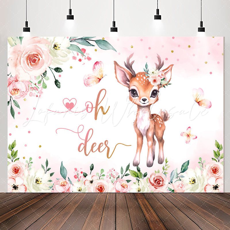 Lofaris Oh Deer Pink Floral Butterfly Baby Shower Backdrop