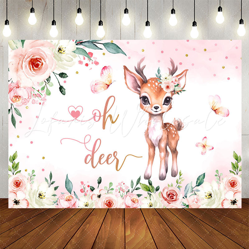 Lofaris Oh Deer Pink Floral Butterfly Baby Shower Backdrop