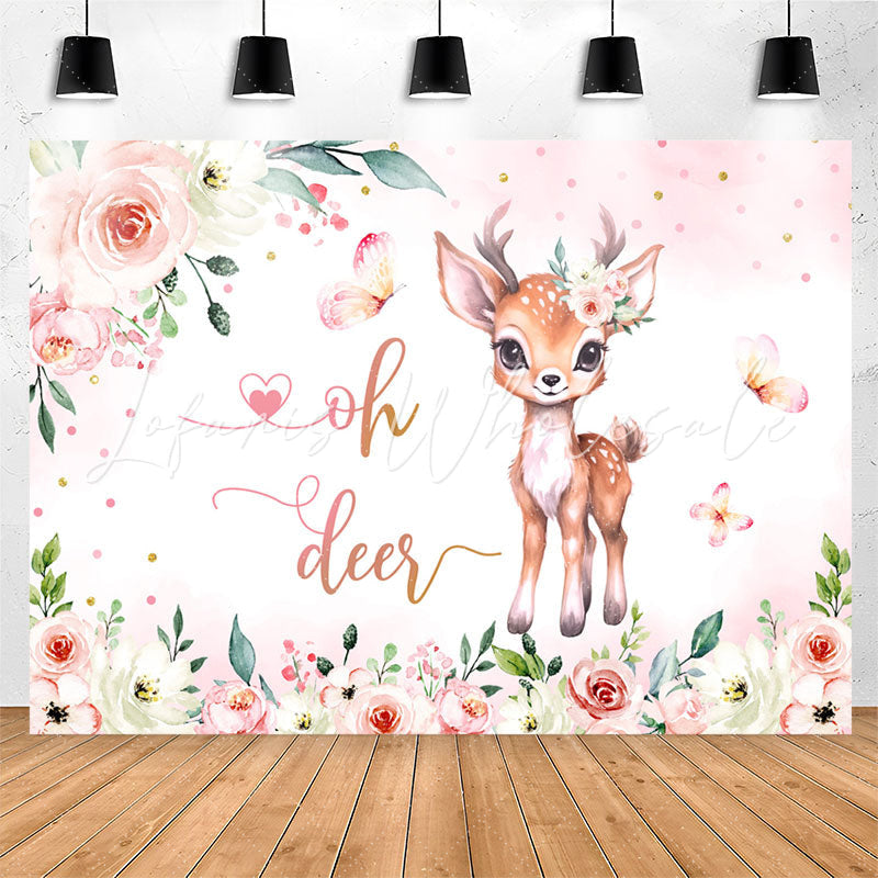 Lofaris Oh Deer Pink Floral Butterfly Baby Shower Backdrop