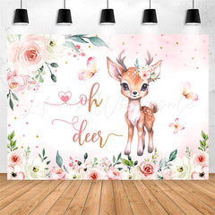 Lofaris Oh Deer Pink Floral Butterfly Baby Shower Backdrop