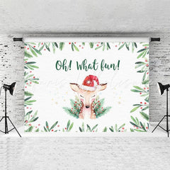Lofaris Oh What Fun Chrismas Elk And Green Leaves Backdrop