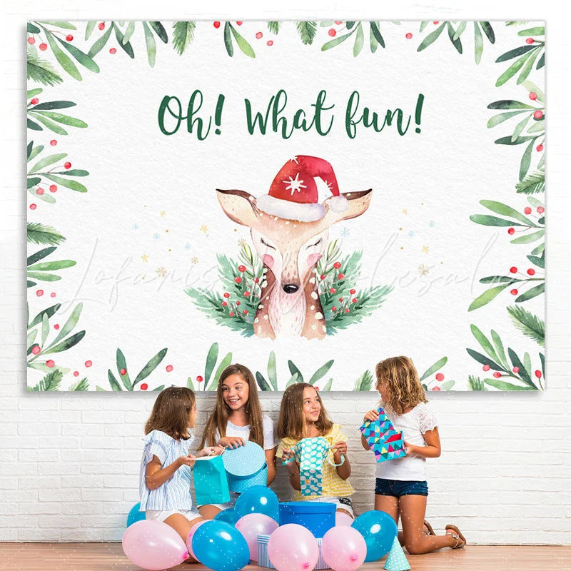 Lofaris Oh What Fun! Fawn in A Santa Hat Christmas Backdrop