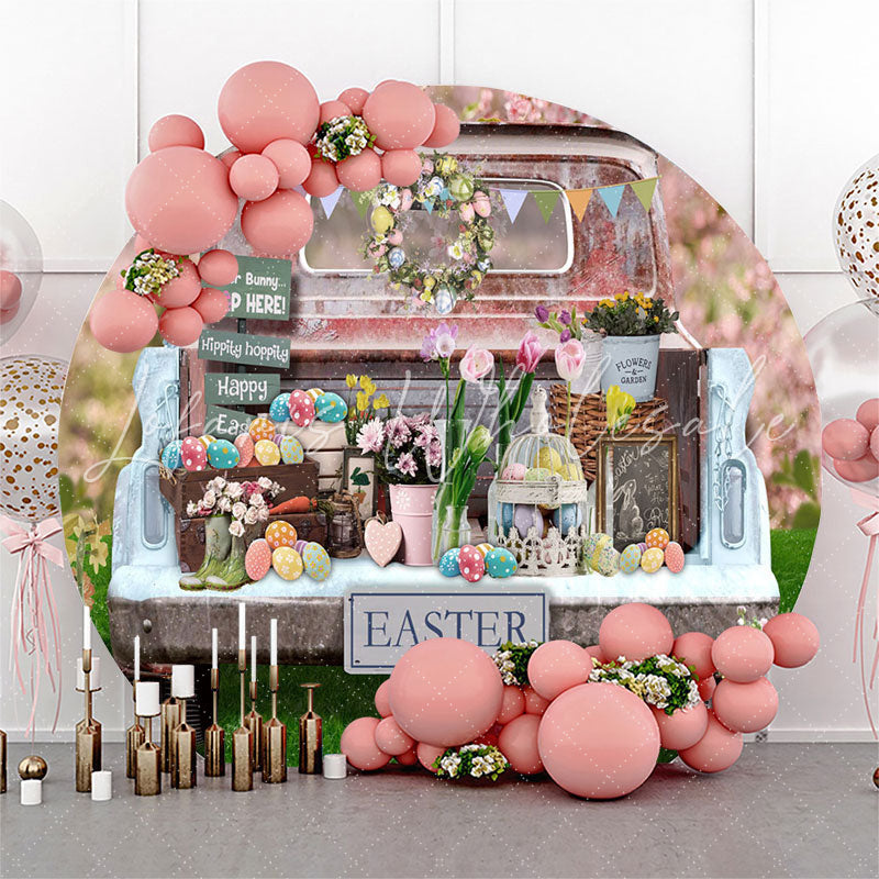 Lofaris Old Truck Floral Colorful Eggs Round Easter Backdrop