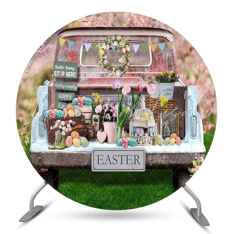 Lofaris Old Truck Floral Colorful Eggs Round Easter Backdrop