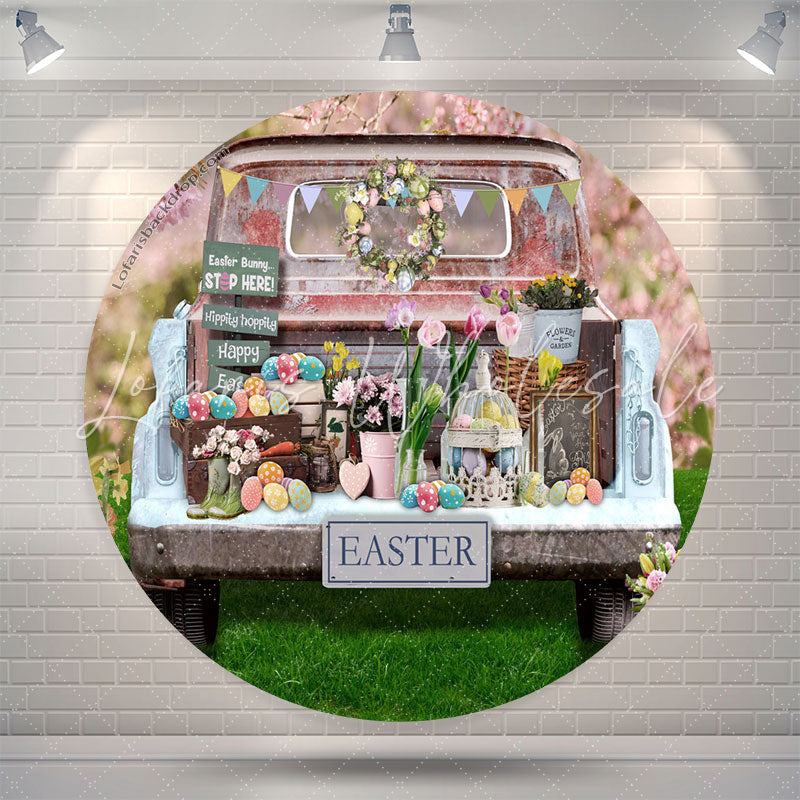 Lofaris Old Truck Floral Colorful Eggs Round Easter Backdrop