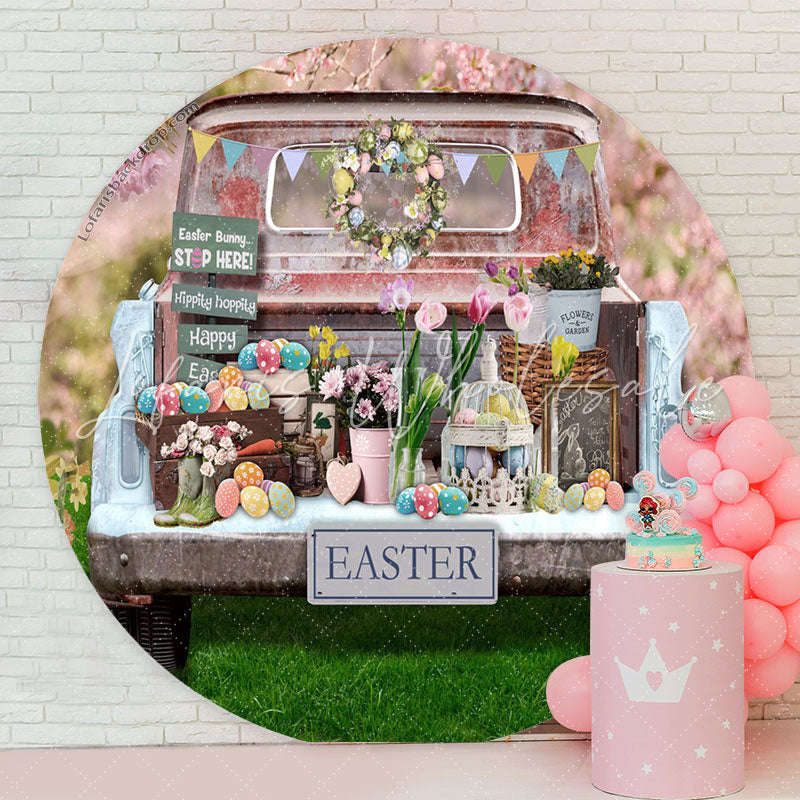 Lofaris Old Truck Floral Colorful Eggs Round Easter Backdrop