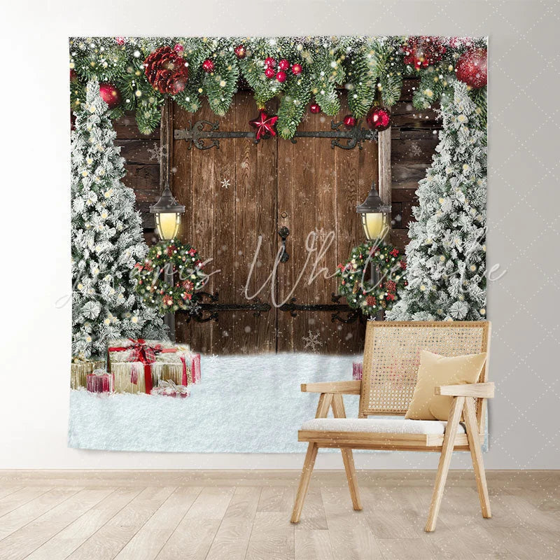 Lofaris Old Wooden Door Christmas Trees Backdrop for