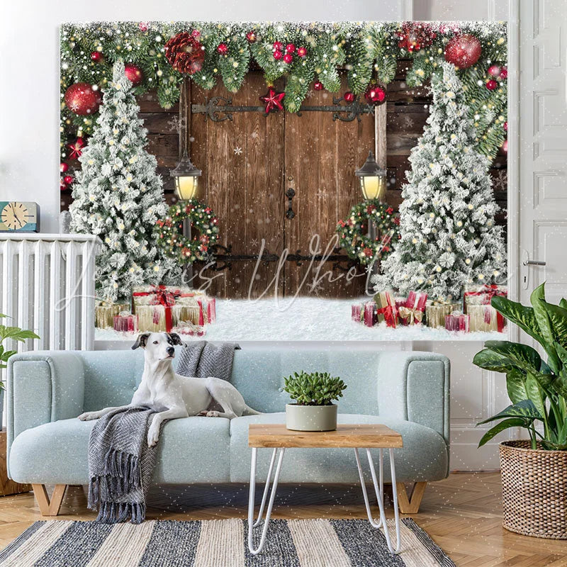 Lofaris Old Wooden Door Christmas Trees Backdrop for