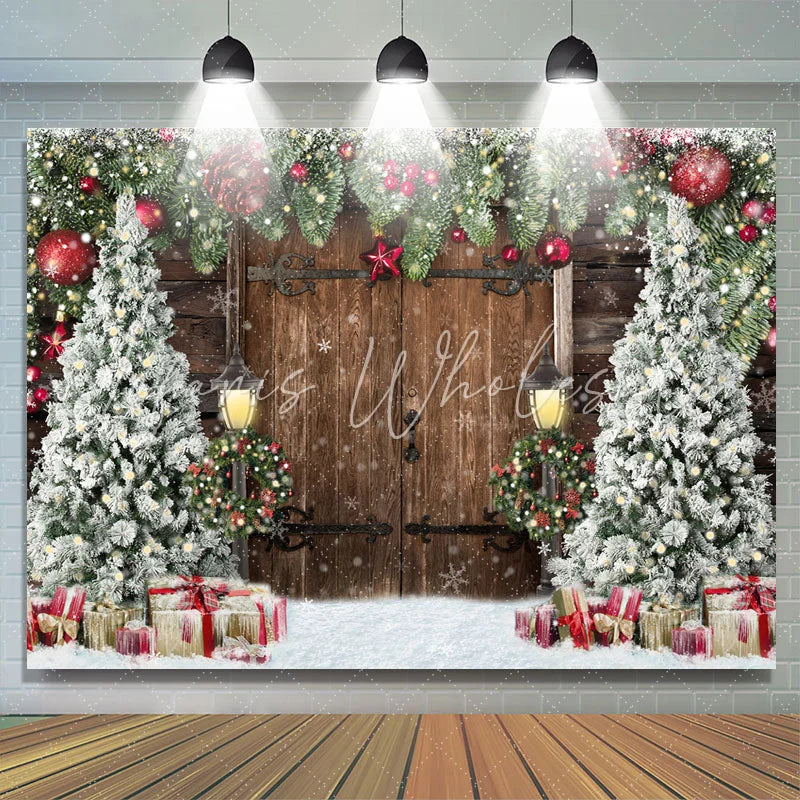 Lofaris Old Wooden Door Christmas Trees Backdrop for