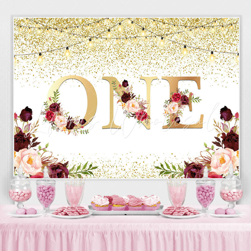 Lofaris One Floral Gold Glitter Lights First Birthday Backdrop