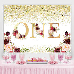 Lofaris One Floral Gold Glitter Lights First Birthday Backdrop