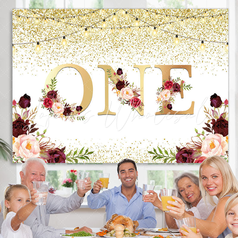 Lofaris One Floral Gold Glitter Lights First Birthday Backdrop
