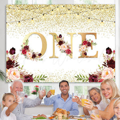 Lofaris One Floral Gold Glitter Lights First Birthday Backdrop