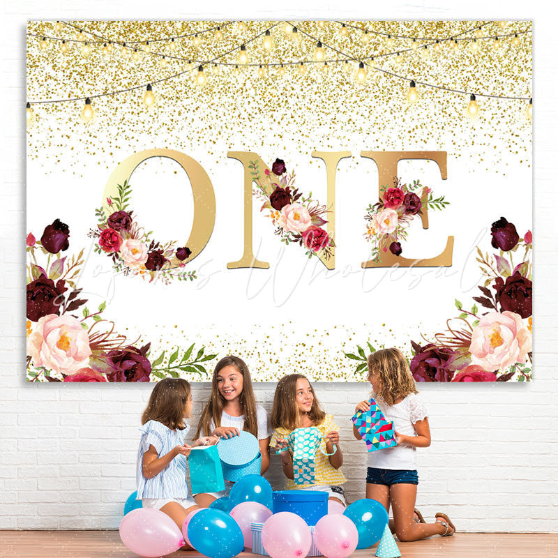 Lofaris One Floral Gold Glitter Lights First Birthday Backdrop
