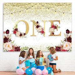 Lofaris One Floral Gold Glitter Lights First Birthday Backdrop
