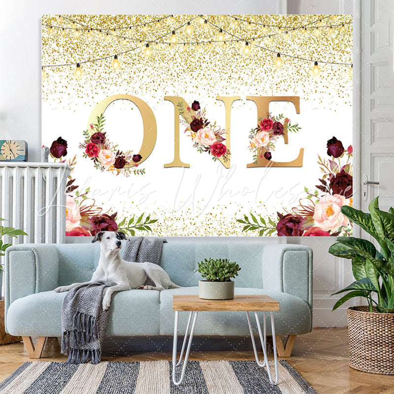 Lofaris One Floral Gold Glitter Lights First Birthday Backdrop