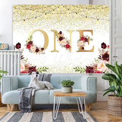 Lofaris One Floral Gold Glitter Lights First Birthday Backdrop