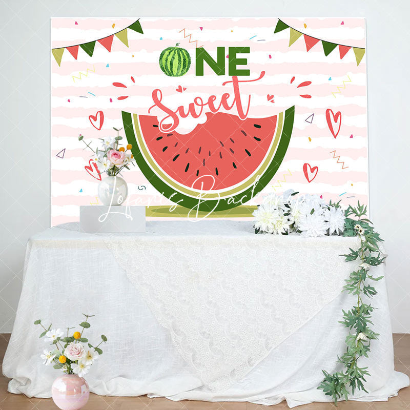 Lofaris One Sweet Melon White Pink Stripe Birthday Backdrop