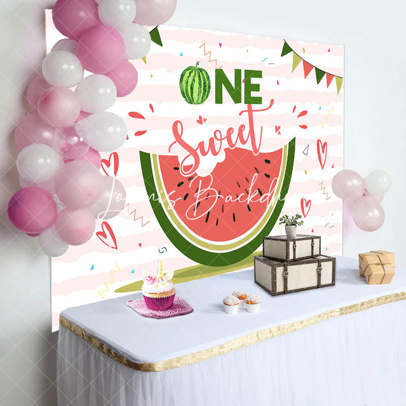 Lofaris One Sweet Melon White Pink Stripe Birthday Backdrop
