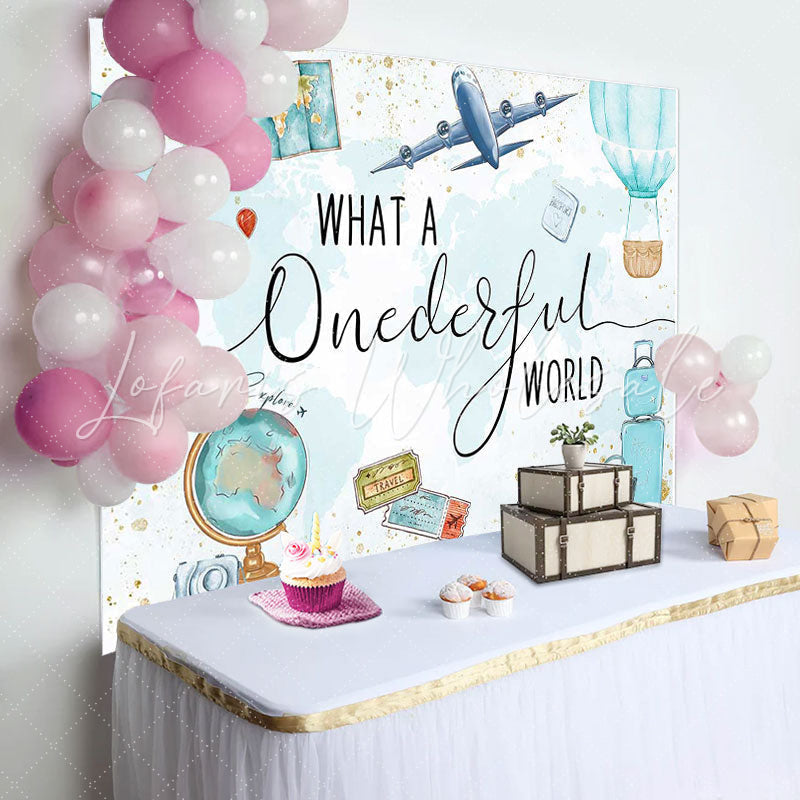 Lofaris Onederful World Map Globe Airplane Birthday Backdrop