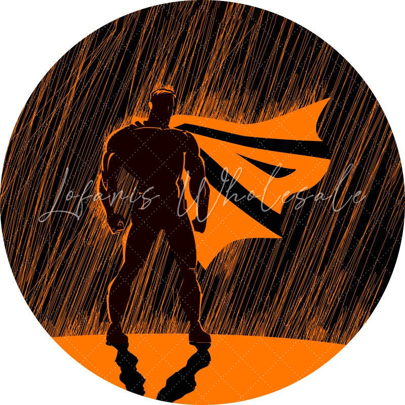 Lofaris Orange And Black Round Cartoon Hero Birthday Backdrop