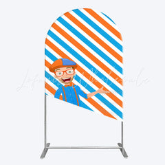 Orange Blue Stripe Cartoon Blippi Happy Birthday Arch Backdrop