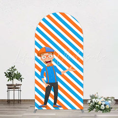 Orange Blue Stripe Cartoon Blippi Happy Birthday Arch Backdrop