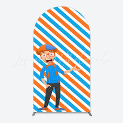 Orange Blue Stripe Cartoon Blippi Happy Birthday Arch Backdrop