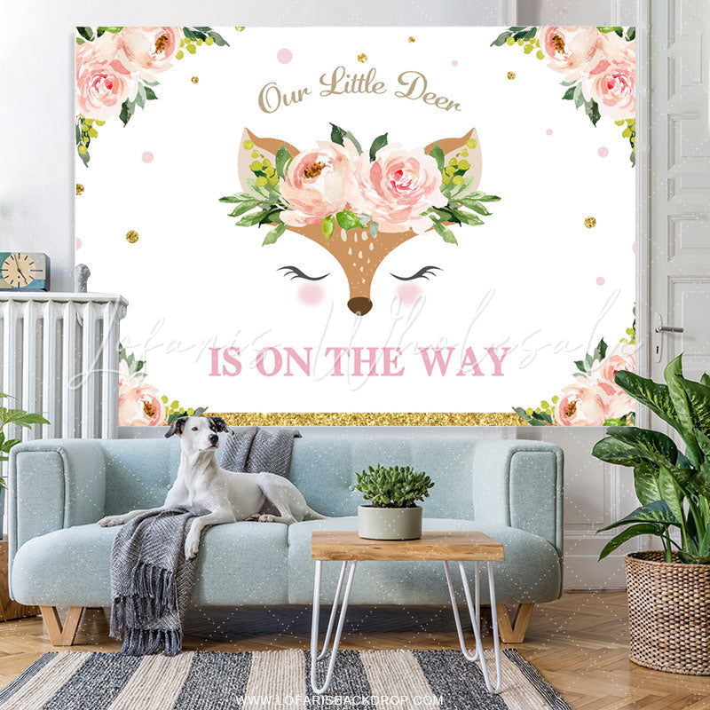 Lofaris Our Deer Is On The Way Floral Baby Shower Backdrop