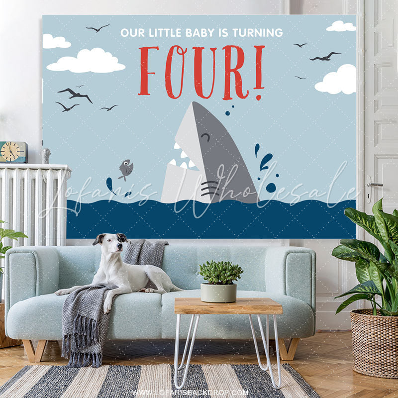 Lofaris Our Little Baby Is Turning Four Shark Birthday Backdrop