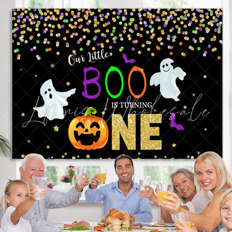 Lofaris Our Little Boo Is Turning One Black Glitter First Birthday Theme Backdrop