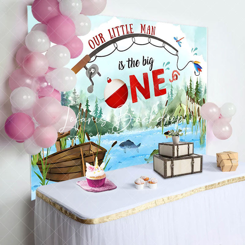Lofaris Our Little Man Mountain River Fish Birthday Backdrop