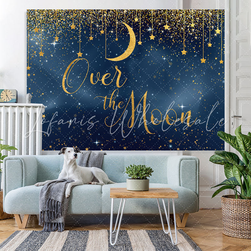 Lofaris Over the Moon Blue and Golden Star Baby Shower Backdrop