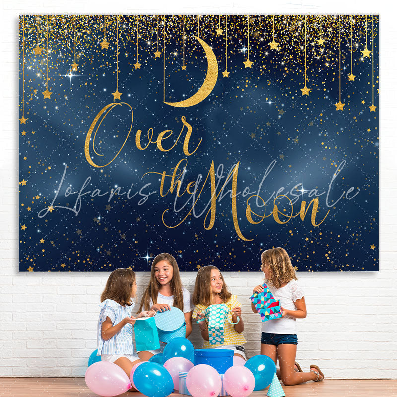 Lofaris Over the Moon Blue and Golden Star Baby Shower Backdrop