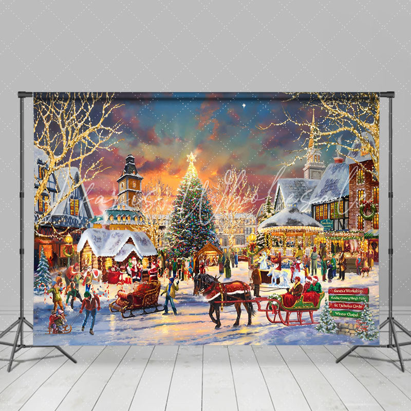 Lofaris Painting Santa Carriage Christmas Tree Town Backdrop
