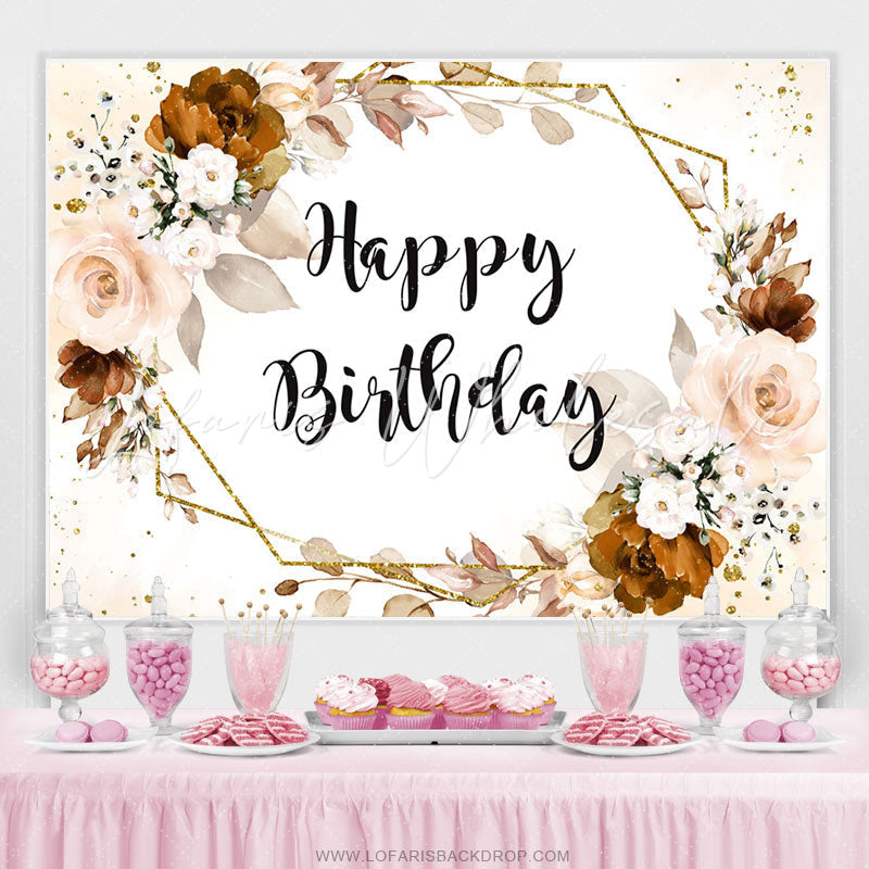 Lofaris Pale Pink Flower Gold Border Happy Birthday Backdorp