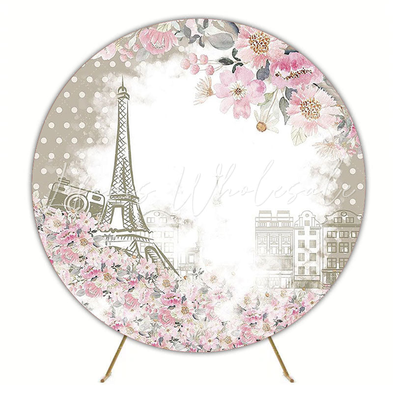 Paris Tower Flowers Round Backdrop for Romantic Photoshoot