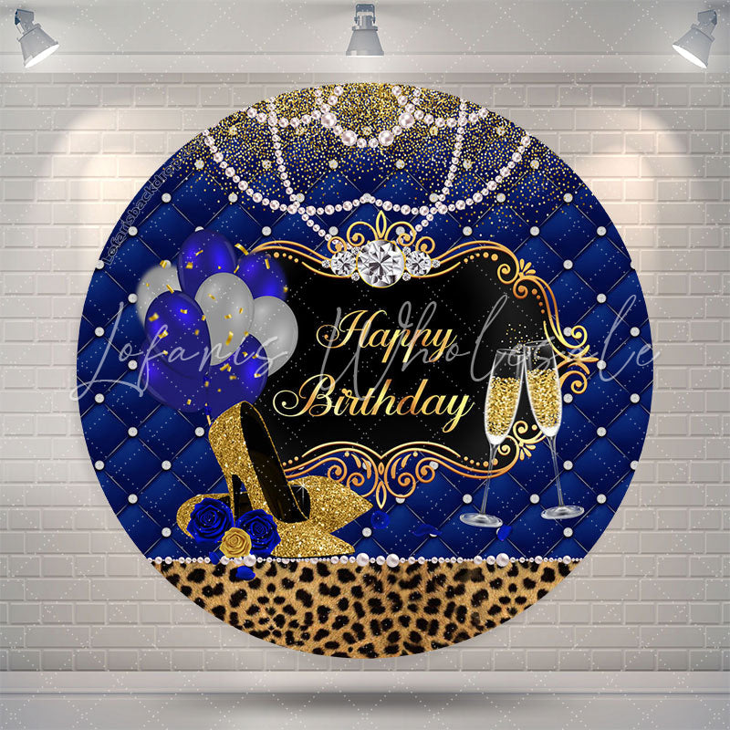 Lofaris Pearl Leopard Heel Blue Gold Birthday Round Backdrop