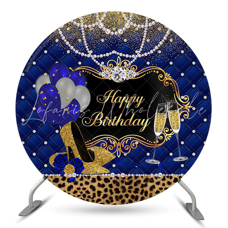Lofaris Pearl Leopard Heel Blue Gold Birthday Round Backdrop