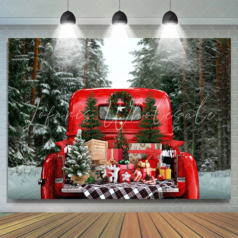 Lofaris Pine Forest Red Truck Presents Christmas Backdrop