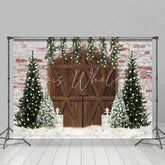 Lofaris Pine Tree Cloud Brick Wall Wood Door Christmas Backdrop