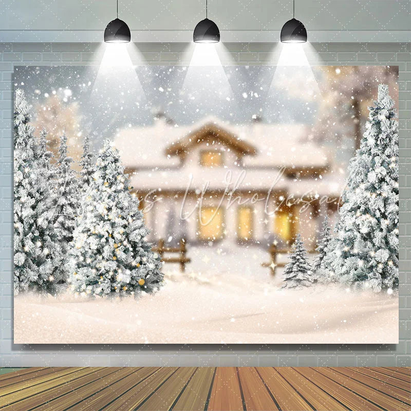 Lofaris Pine Trees Snowy House Bokeh Merry Christmas Backdrop