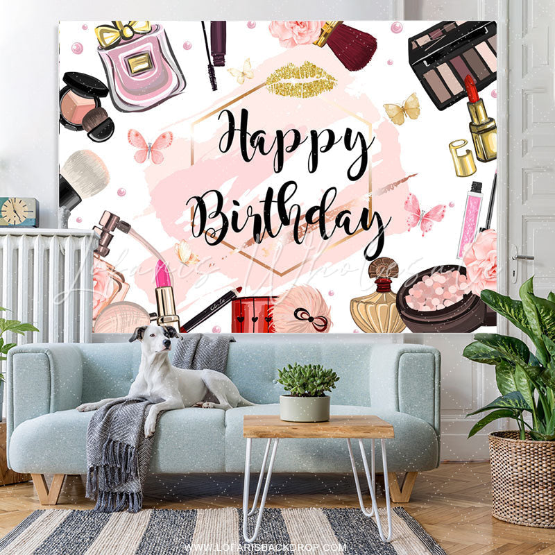 Lofaris Pink Abstract Cosmetic Pattern Happy Birthday Backdrop