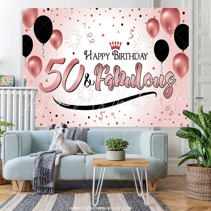 Lofaris Pink And Black Balloons 50th Happy Birthday Backdrop