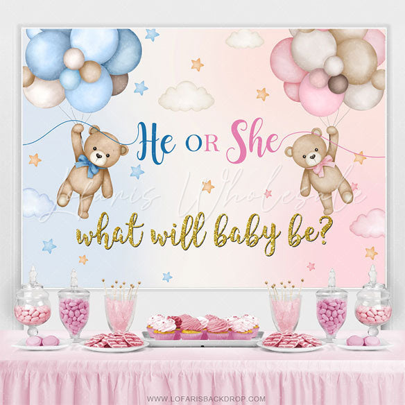 Lofaris Pink And Blue Bears Balloon Gender Reveal Backdrop