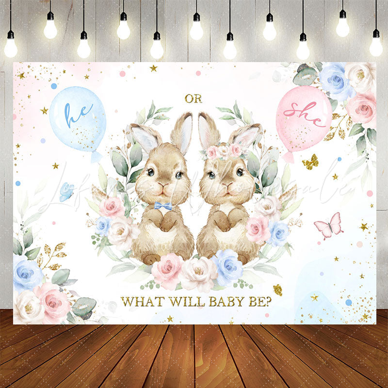 Lofaris Pink And Blue Bunny Floral Baby Shower Backdrop