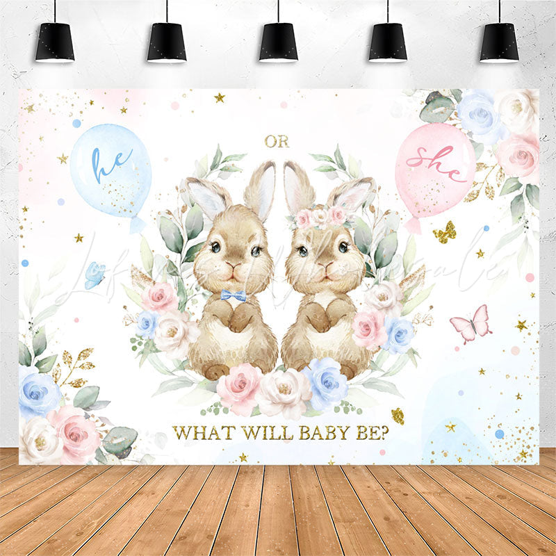 Lofaris Pink And Blue Bunny Floral Baby Shower Backdrop