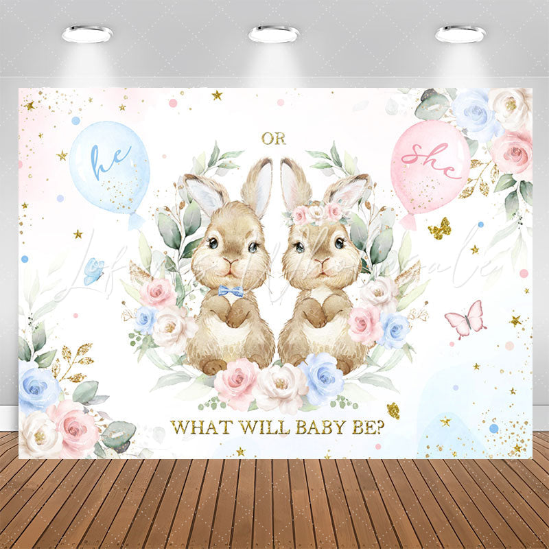 Lofaris Pink And Blue Bunny Floral Baby Shower Backdrop